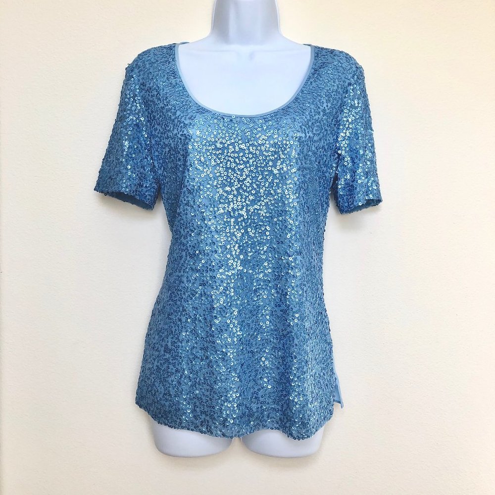 ST.JOHN⚡️Amalfi Blue Sequin Silk Blouse_4
